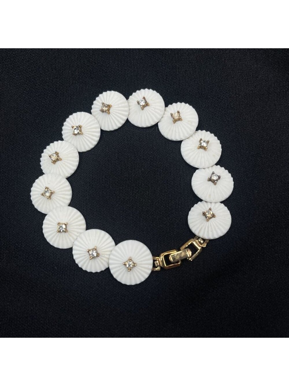 Vintage Signed Trifari White Thermoset Rhinestone Bracelet Mid Century Modern 7"